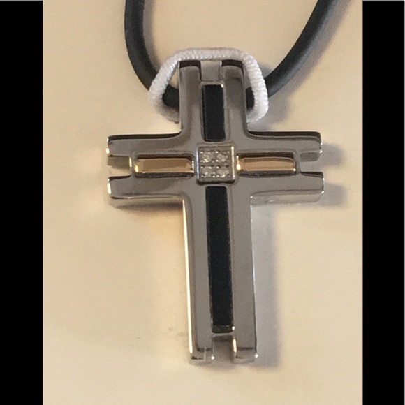 Mens Dolan Bullock CROSS Pendant 18K Gold Diamonds S-Steel Onyx in orig Box - Picture 2 of 14